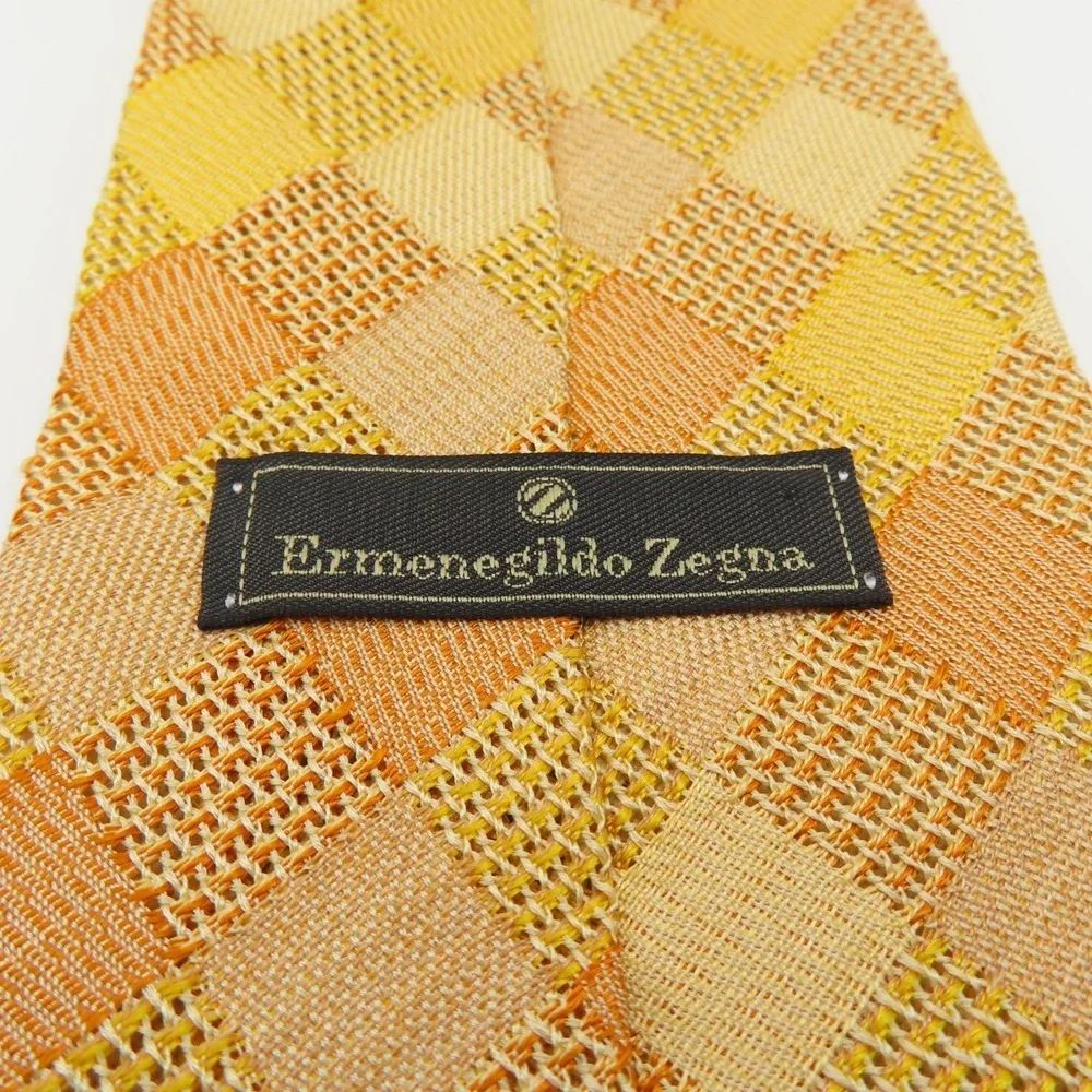 Ermenegildo Zegna Tie Silk Yellow Checkerboard 4" Wide 57" Long Italy - Picture 5 of 7
